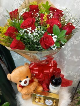 Buque 12 rosas, Ferrero Rocher, Ursinho e Vinho